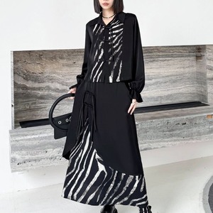 BLACK ZIBRA STITCH DESIGN SHIRT & LONG SKIRT SET 2pieces 1color M-8953