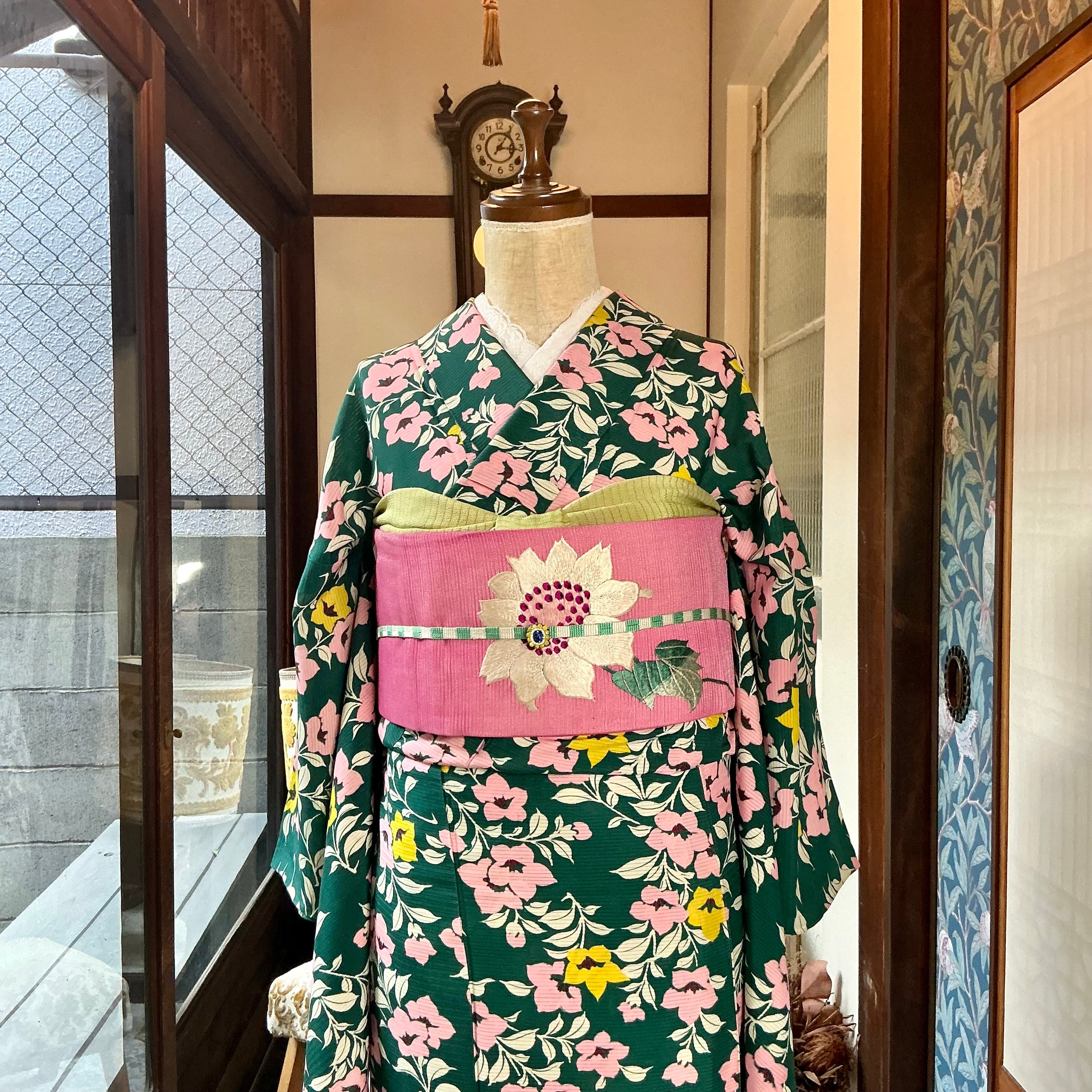 romantic summer＊夏帯 絽 ひまわり 向日葵 花 大柄 ピンク 刺繍