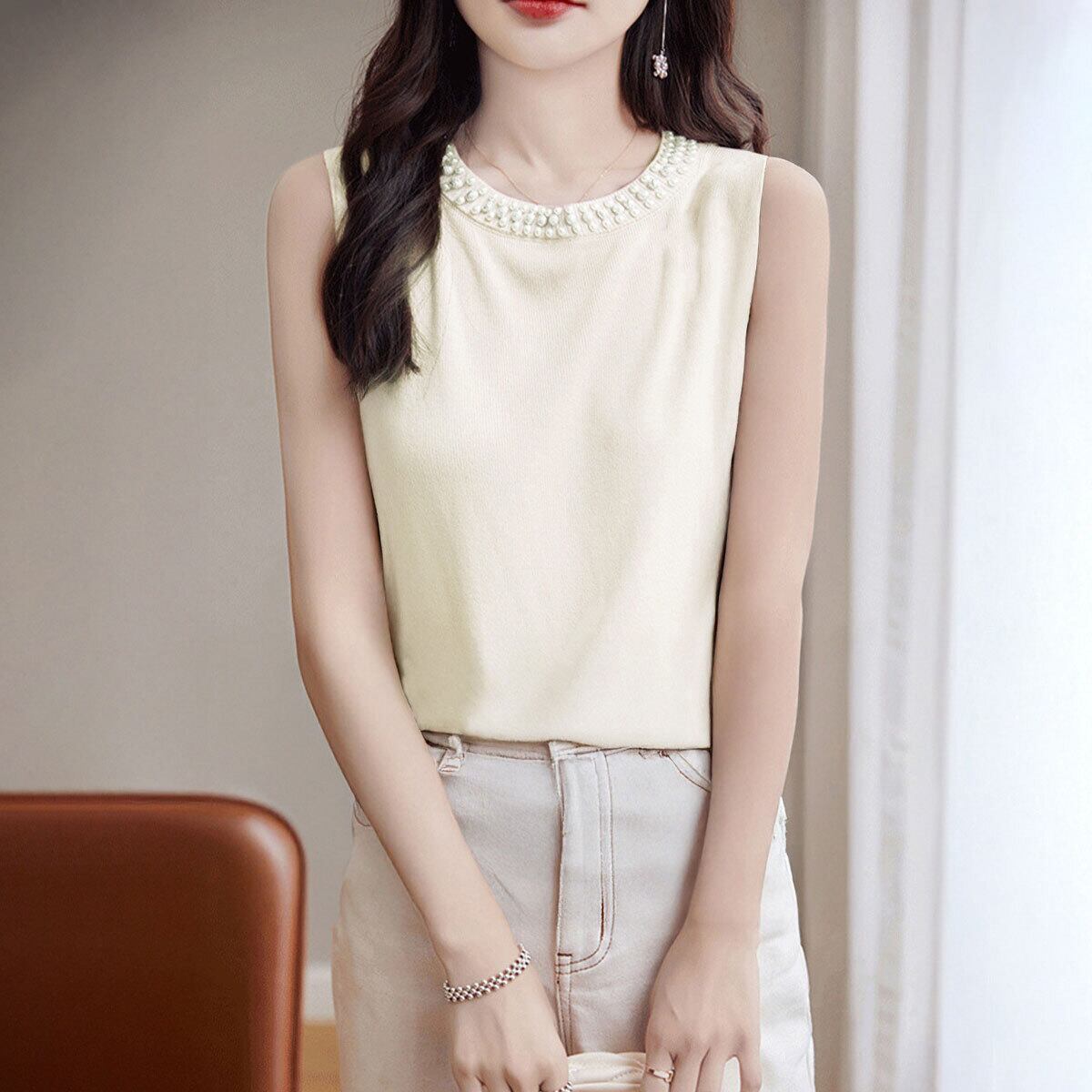ノースリーブ ニット タンクトップ レディース 春夏 インナー 韓国 大人 きれいめ シンプル かわいい パール付き サマーニット カジュアル 重ね着 レイヤード 大人可愛い 大人女子