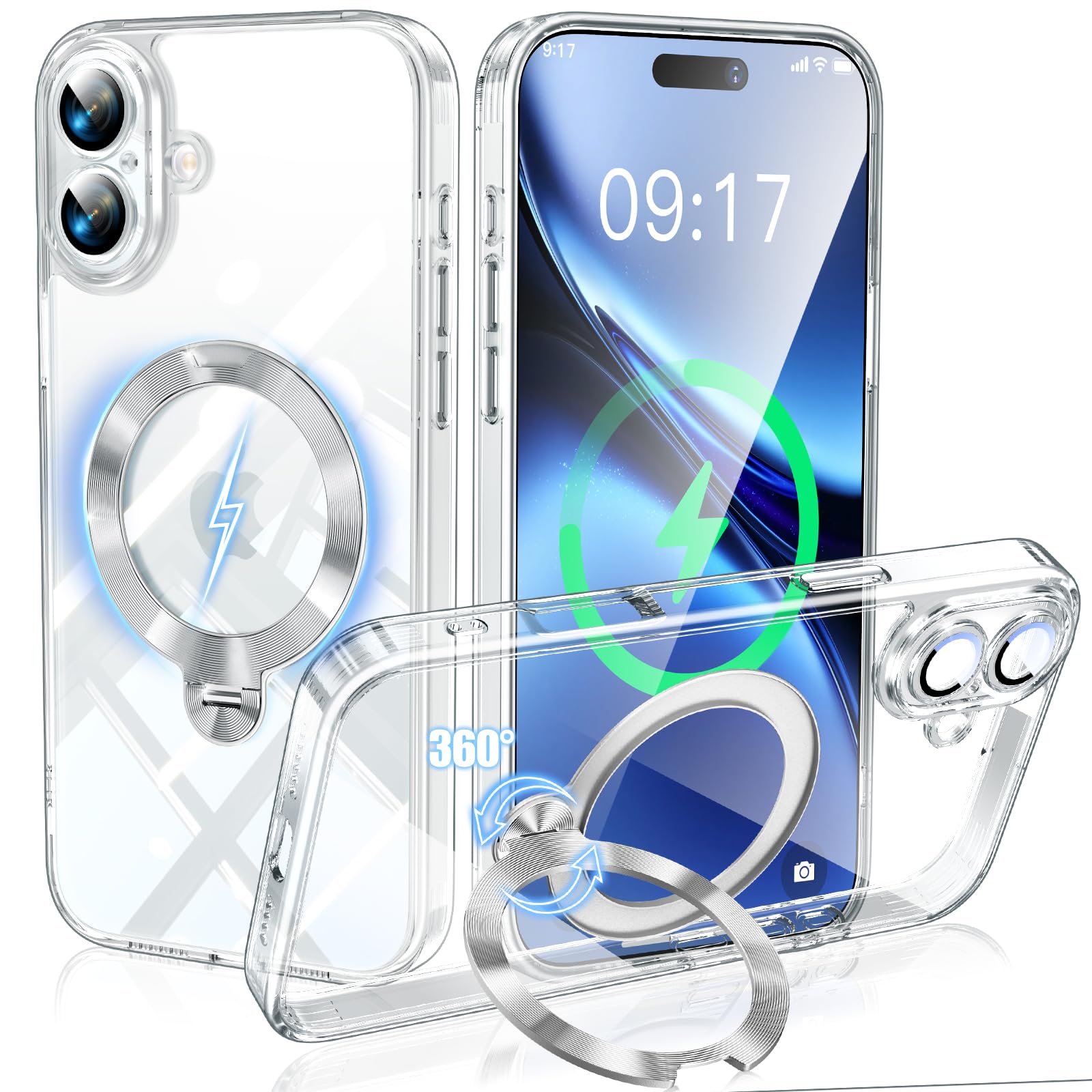 iPhone 16用 ケースクリア MagSafe対応 一体型カメラ保護 光沢CD紋様 360°回転スタンド ストラップホール付き 透明