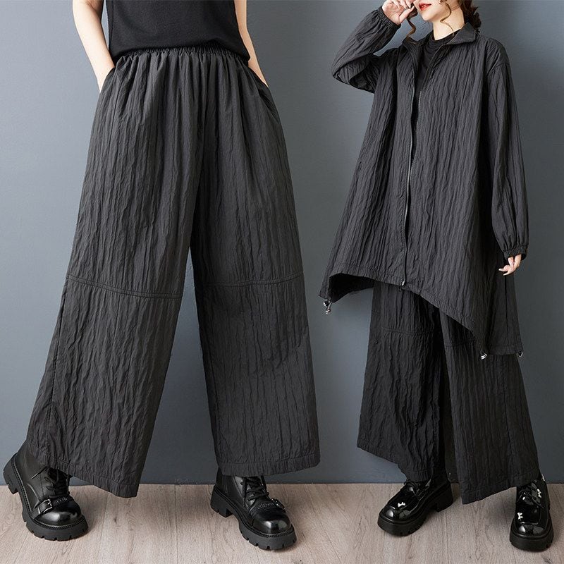 TEXTURED ELASTIC WAIST WIDE LEG CROPPED PANTS M-18850