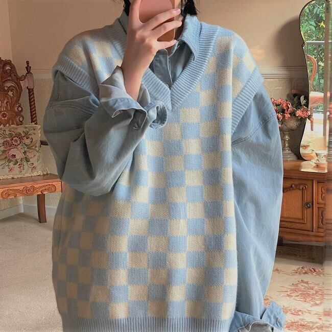 古着っぽ チェッカー柄 ニット ベスト ブロックチェック ダボかわ Vネック バイカラー 着映え レトロ カジュアル メンズライク Lamitte Deco トレンド 韓国ファッション ショップ Base店