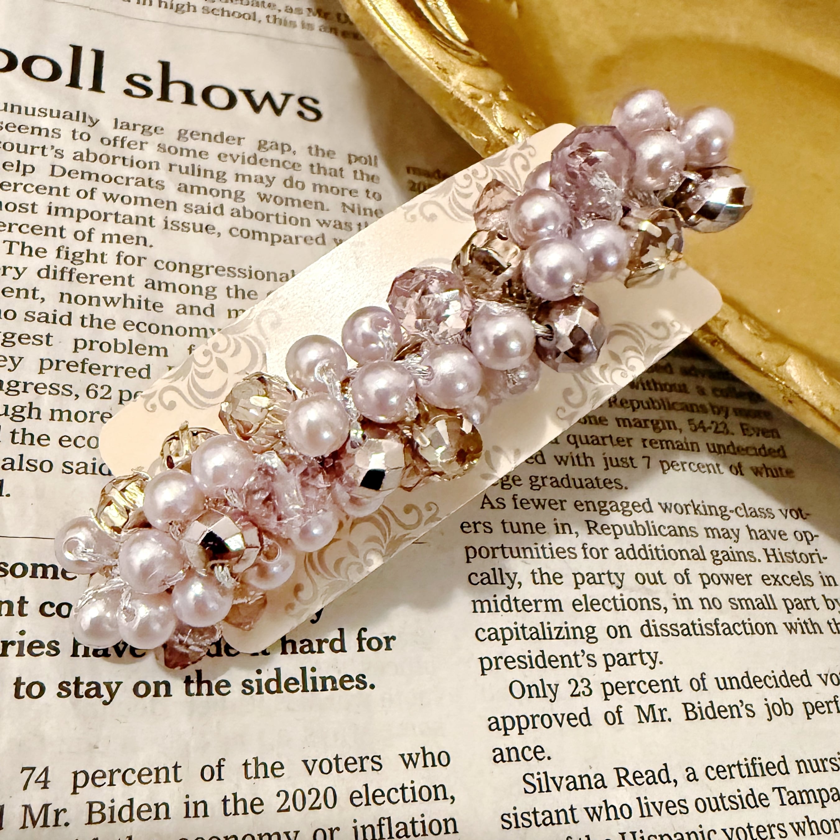 【パール調】【日本製】パールとカットビーズのバレッタ/パールビーズバレッタ/