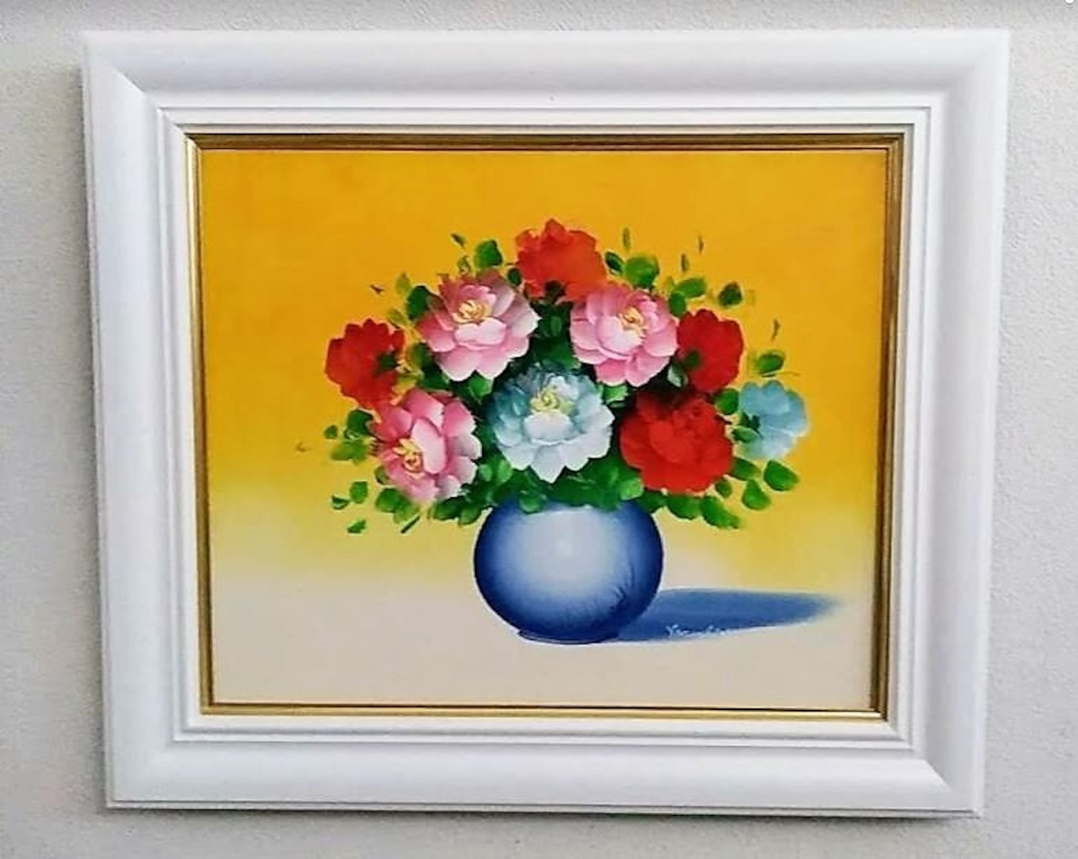 渡辺やすし「花」油彩画 額縁外寸59x51.5x5.0㎝ 絵45.5x38.0㎝ 張 