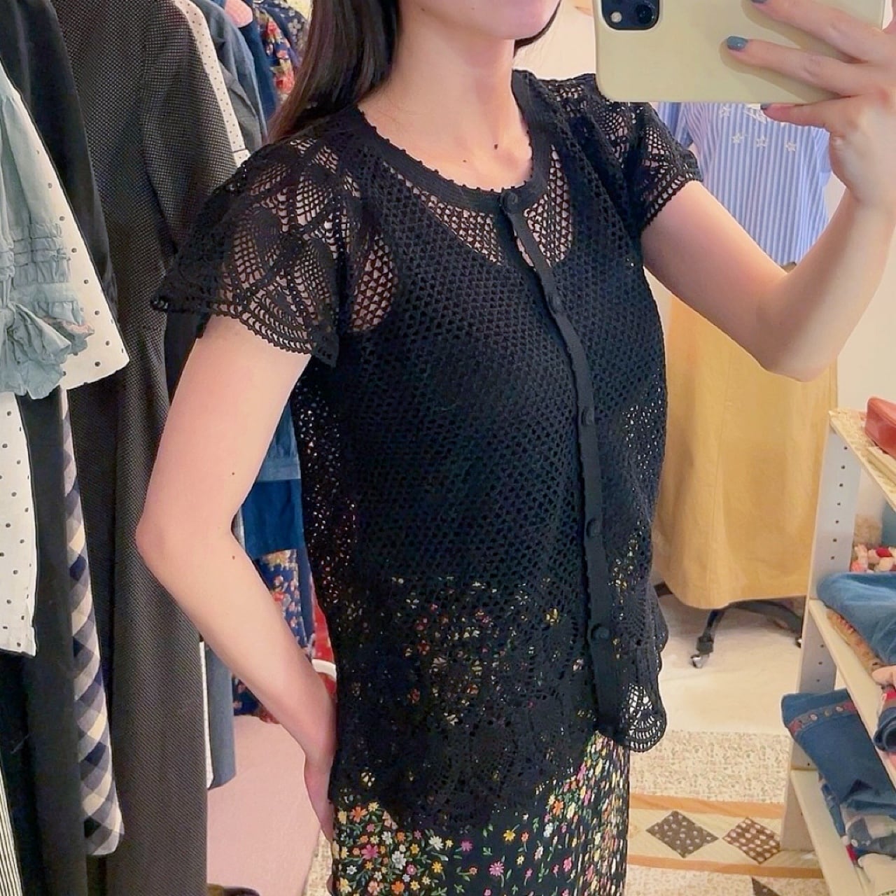black cotton mesh knit cardigan
