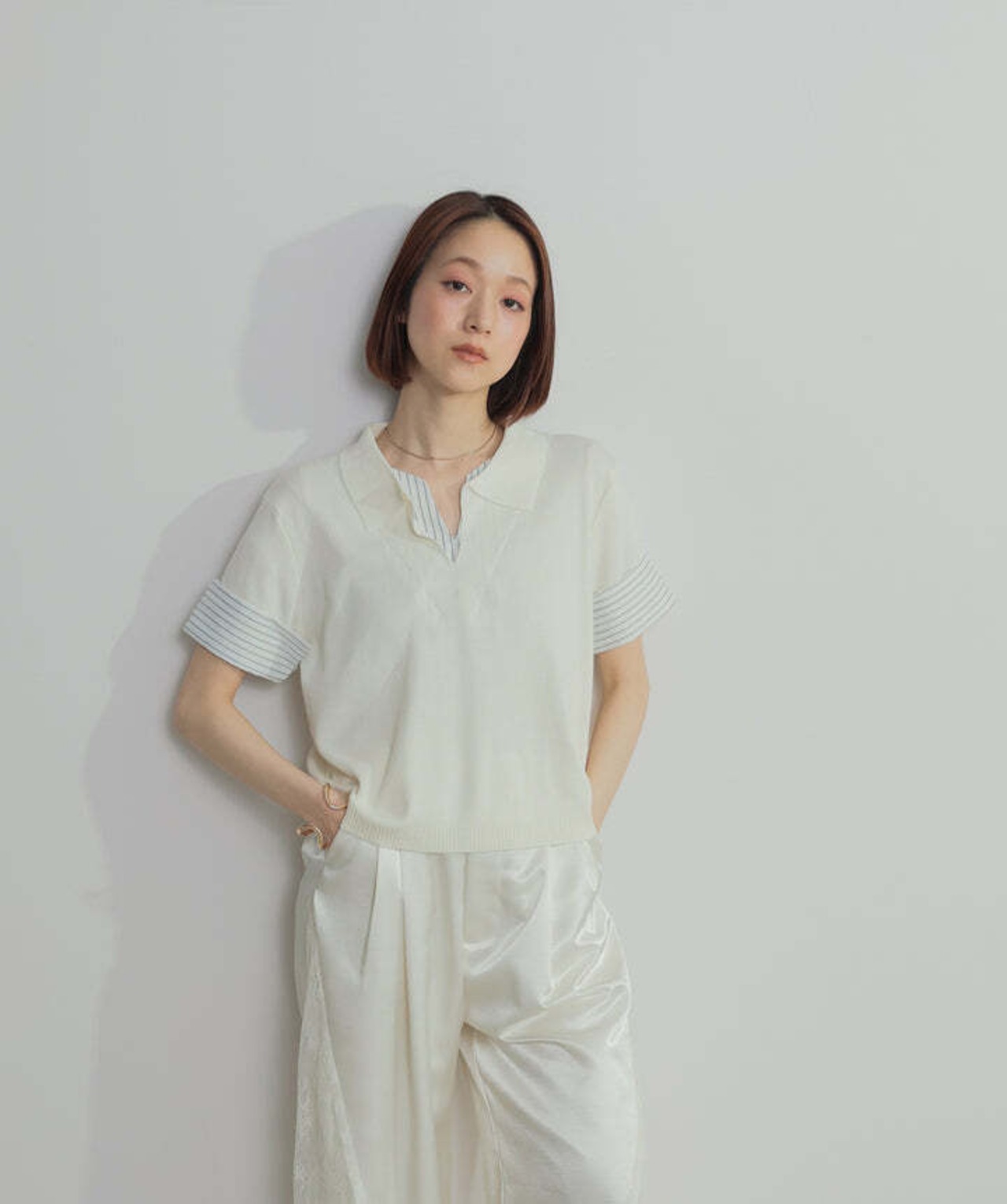 2603012 レイヤードポロニットトップス white