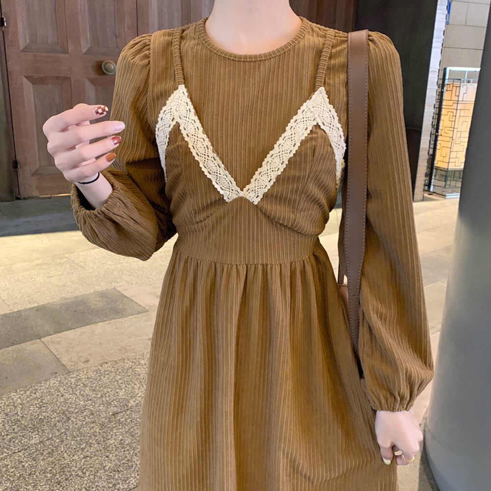 コーデュロイ ワンピース レディース 春秋冬 韓国 レイヤード風 ロングワンピース きれいめ おしゃれ 大人 かわいい ハイウエスト Aライン 重ね着風 大人可愛い 大人女子