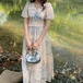 シャーリングシフォンフラワーパフスリーブワンピ ・78407