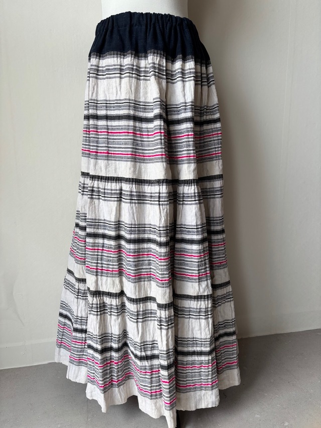 モン族スカート 063 ロング モンチン 白黒生地ピンクライン bamiオリジナルパターン