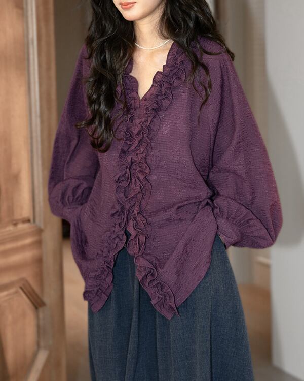 V-neck lantern sleeve ruffle blouse TH3565