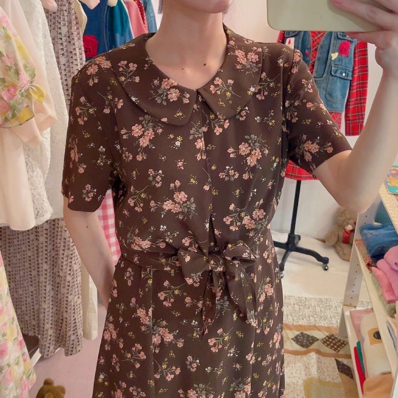 brown flower waist ribbon one-piece