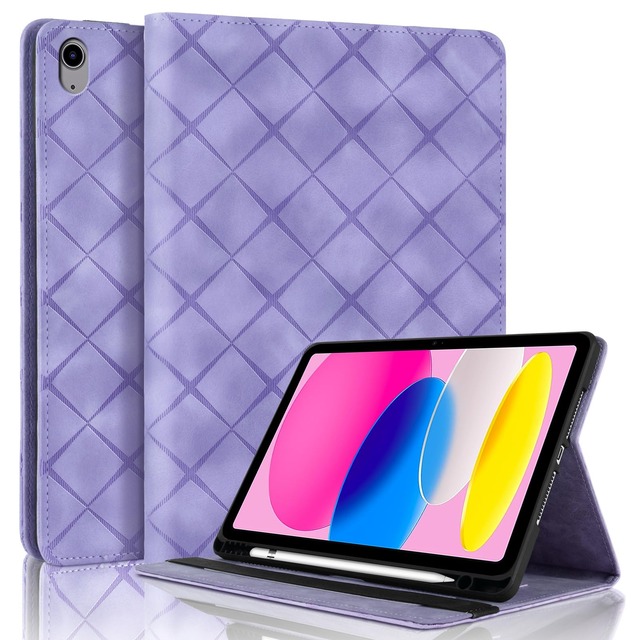 Torske 対応 iPad 11世代 ケース A16 2025モデル あいぱっど10世代 ケース 10.9インチ 2022モデル ダイヤモンドチェックの型押し 無地 iPadカバー 第10世代 / 第11世代 用 内蔵ペントレイ ソフトなフィット感 美しく実用 耐久性カバー ポータブル 軽量 負担のない通勤 パープル