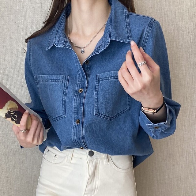 【シャツ】大きいサイズ シャツ レディース 大人 可愛い トップス シャツ ブラウス 韓国 ブラウス 春 秋 冬 20代 30代 40代 シンプル オフィス レディース フォーマル 体型カバー きれいめ 長袖 デニム ネイビー 青 ライトブルー 水色 S M L XL 2XL 3XL