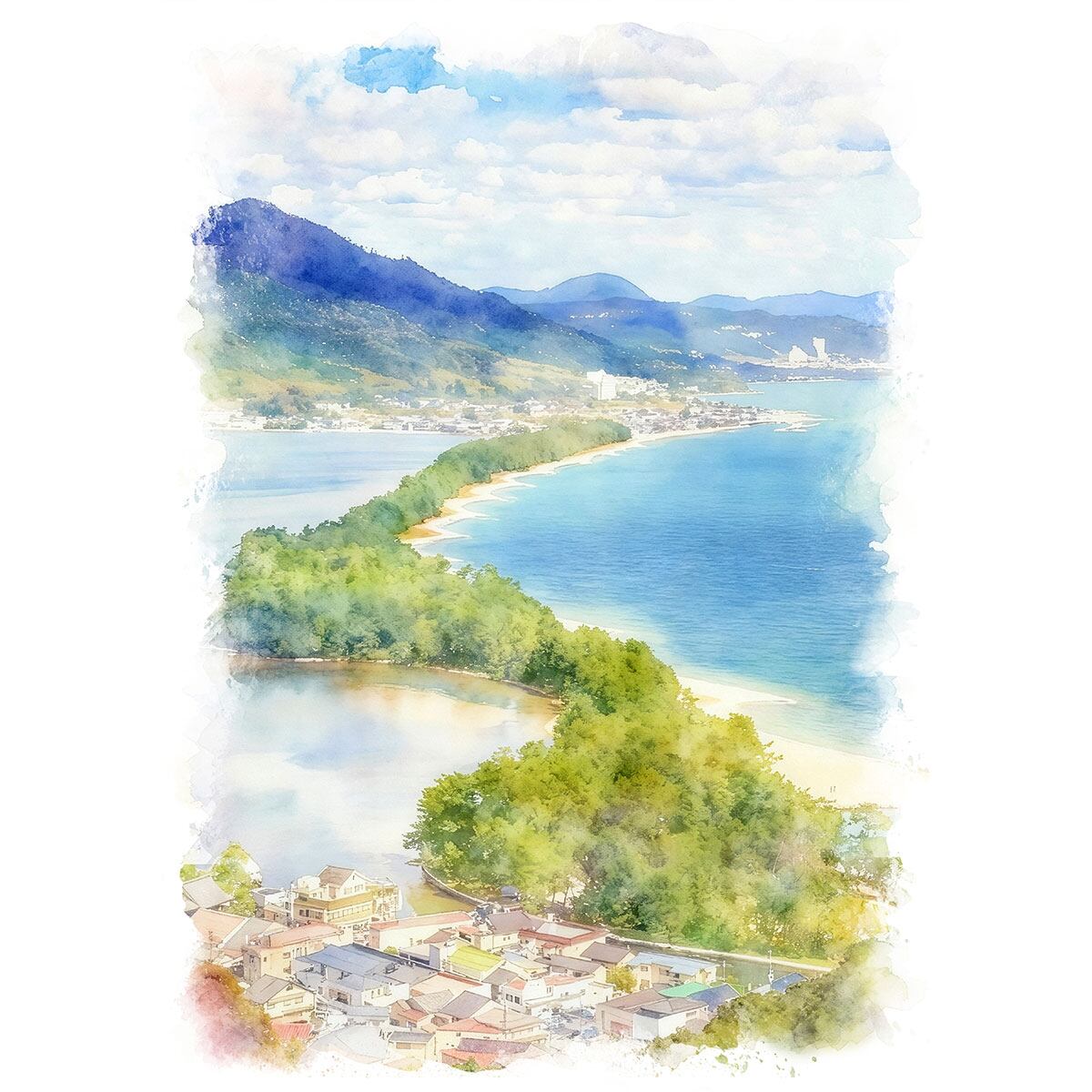 絵画(風景画) 日本 京都府 天橋立 インテリアアート額付き 水彩画・油絵調 WAT1186