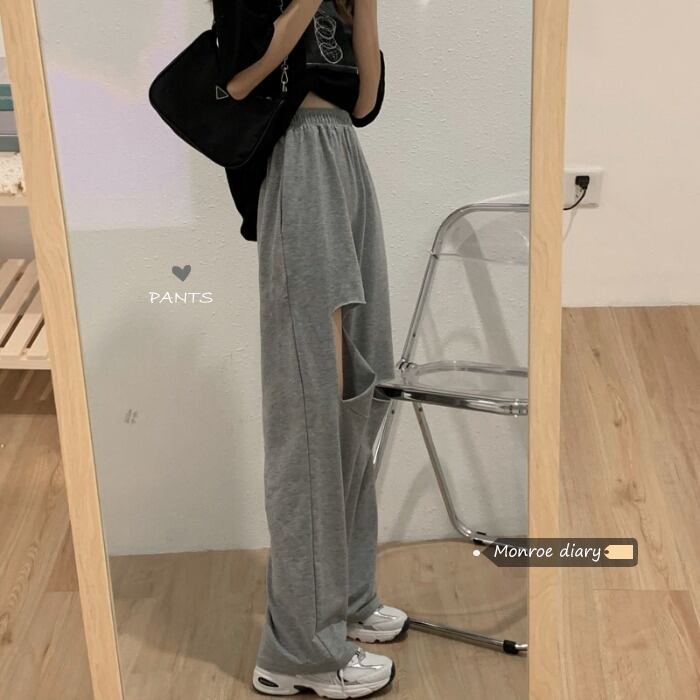 グレーパンツ ルーズレディーススプリングオータム薄手ワイドレッグハイウェストウェストカジュアル 春物 秋物 ワイドパンツ モンロー86384113701