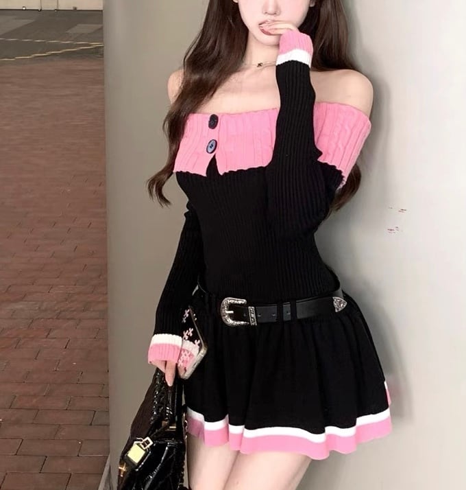 ブラック×ピンク♡ベルト付きオフショルダーニットミニワンピース 