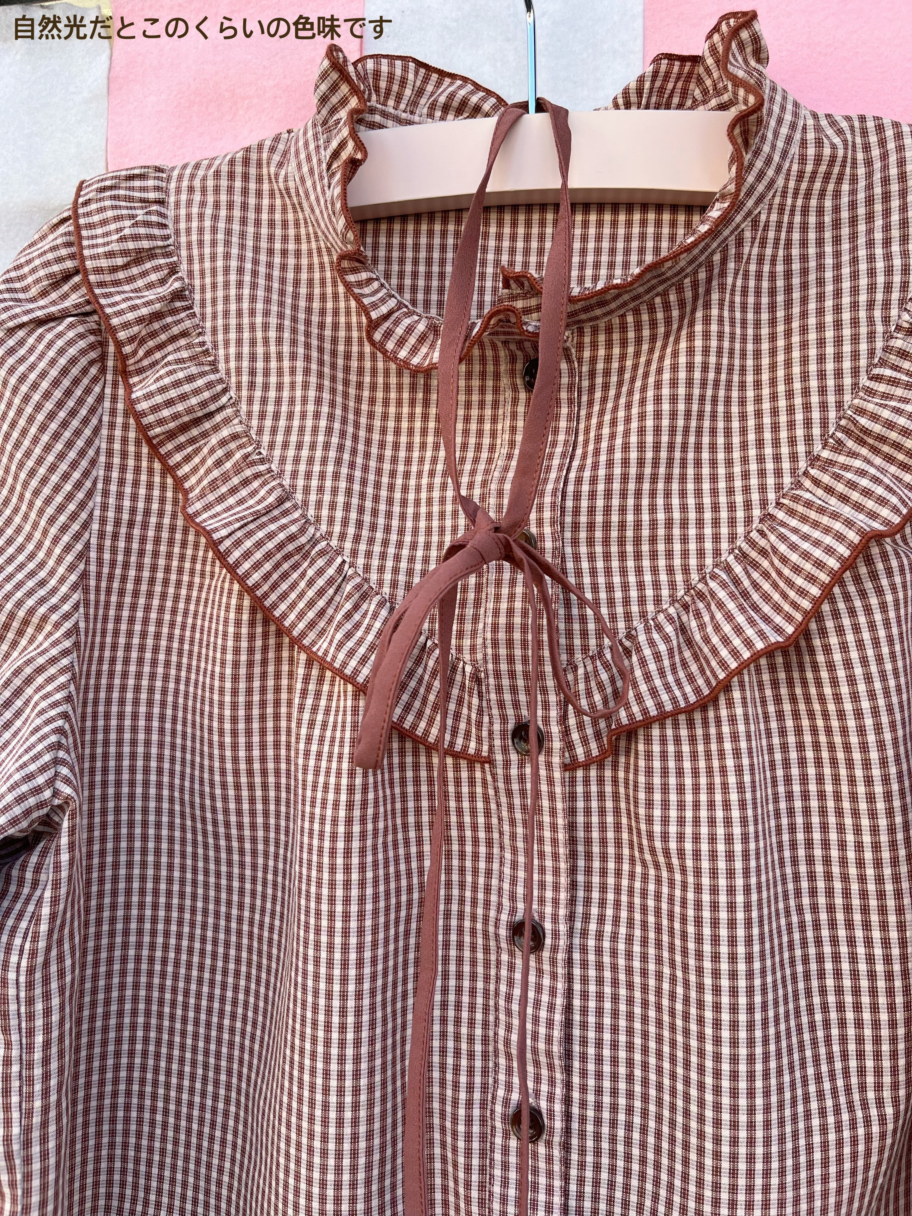 brown gingham check frill ribbon blouse