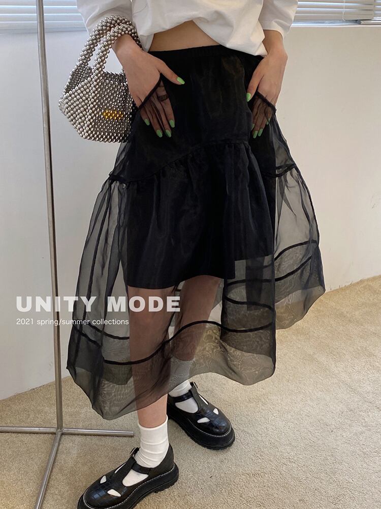 スカート サマーブラックメッシュストレッチハイウェストウェストAライン エラスティック 伸縮 夏物 ビッグFスモールZ韓国52346569428