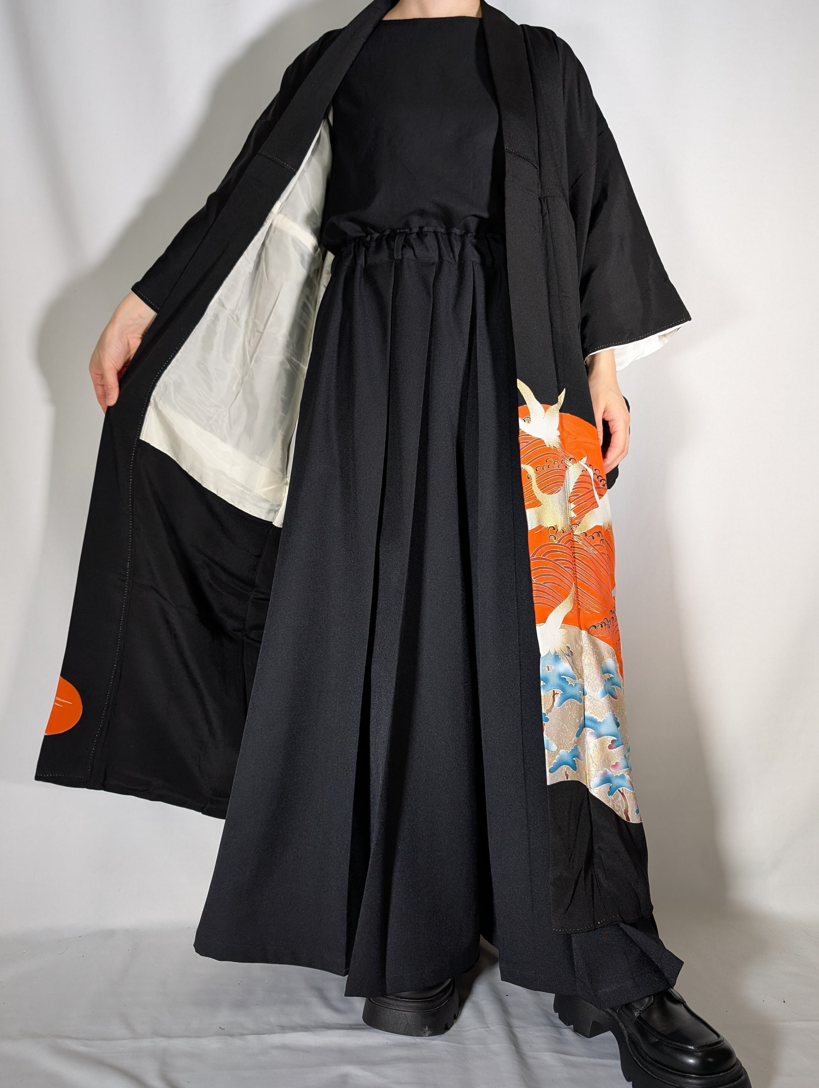 14465】 着物リメイク 黒留袖 ロングコート kimono tomesode remake