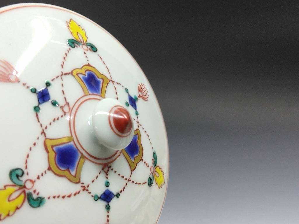 名窯 清水焼｜Kiyomizu ware( 京都 ) 手描き赤絵 瓔珞文 蓋茶碗 / 湯