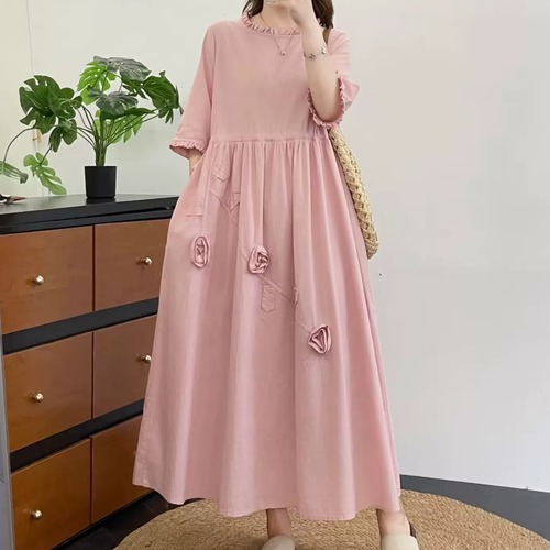 2色/立体花モチーフ刺繍フリル袖ワンピ ・11933