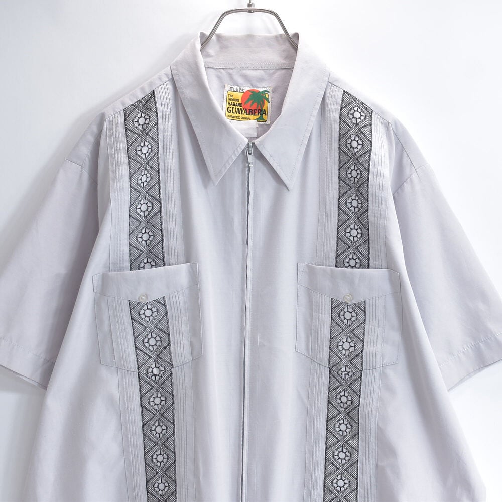 80~90s HABAND GUAYABERA ハバンド ジップアップ 刺繍 デザイン ピンタック キューバシャツ グアベラシャツ ヴィンテージ ビンテージ USA アメリカ古着 メンズL~相当