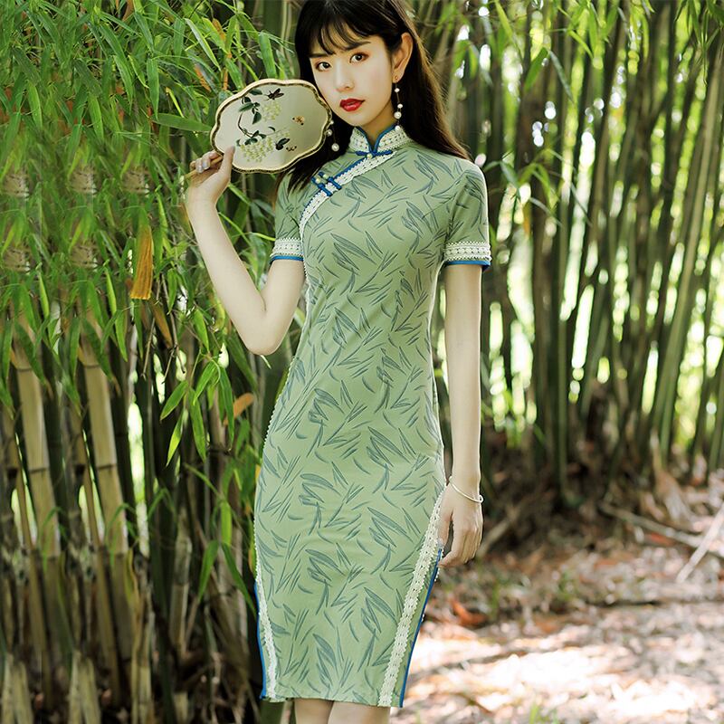 チャイナドレス ワンピース チャイナ風服 中華服 スタンドネック 半袖 ロング丈 エレガント 着痩せ 上品 大きいサイズ S M L Ll 3l 4l 普段着 パーティー 女子会 グリーン 緑 Elegant