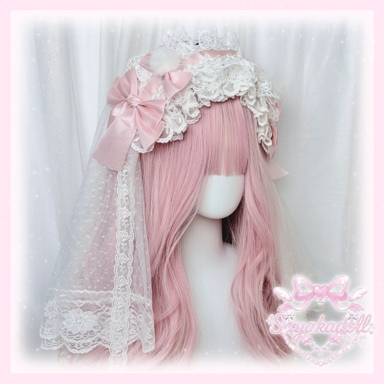 ♡【全5色】ヴェール別売り ぽんぽん付き ダブルリボン フリルレースヘッドドレス light blue×pink ♡