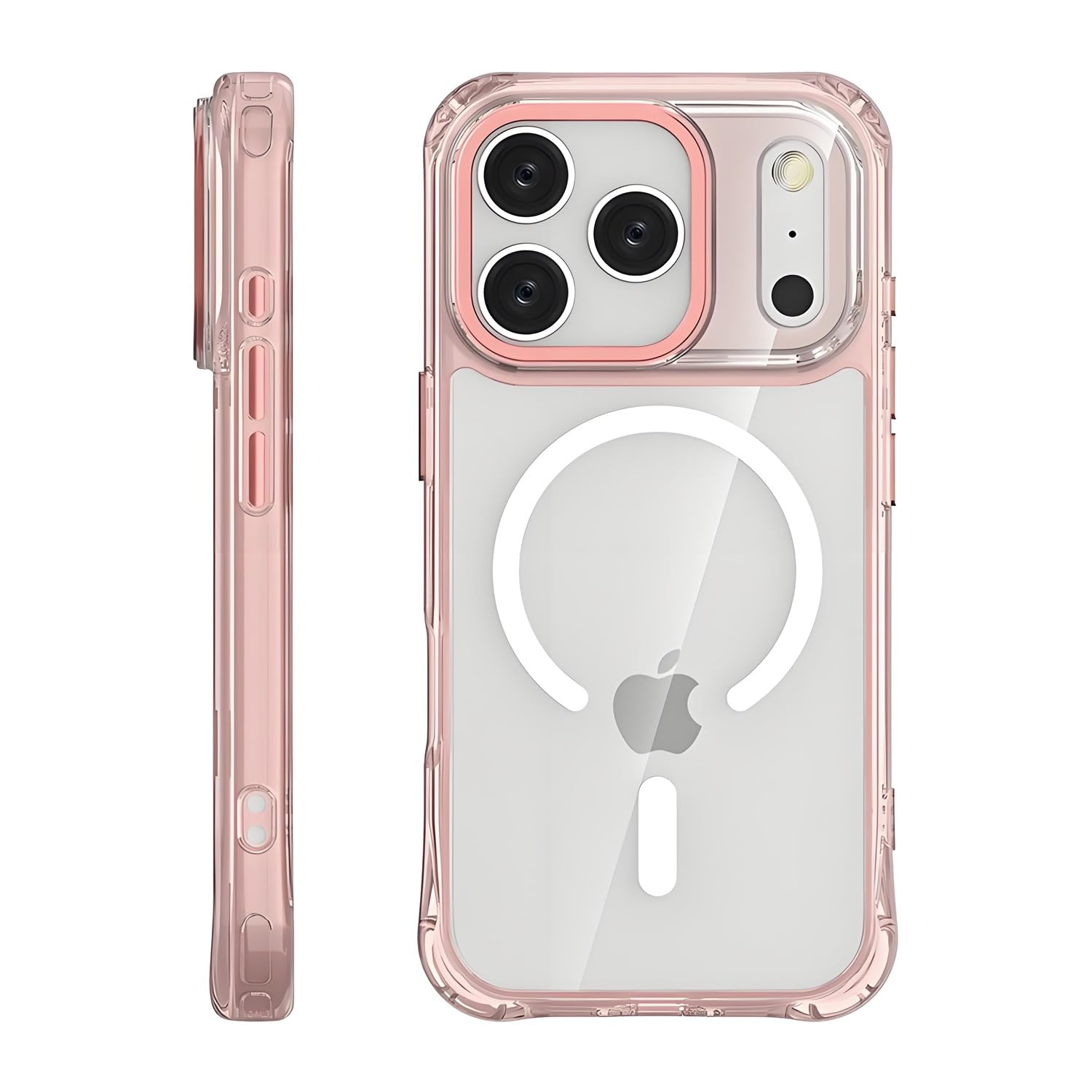 iPhone 17 / 18 Pro 用 ケース クリア MagSafe対応 エアクッション 3倍米軍MIL規格 耐衝撃 TrendKase アイフォン18プロ / 17プロ カバー マグセーフ 吸着力アップ アイホン 18プロ 携帯ケース アルミ同色ボタン アルミ同色カメラ ストラップホール (ピンク)