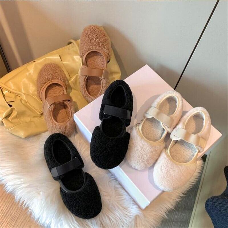 【新作】【送料無料】 秋冬レディースフラットヒールファーシューズラウンドトゥベルクロフラットヒールシューズブラックアプリコットベージュファッションシングルシューズ 靴 オータム 秋物 ウィンター 冬物 ラウンドトー 10b319573624057