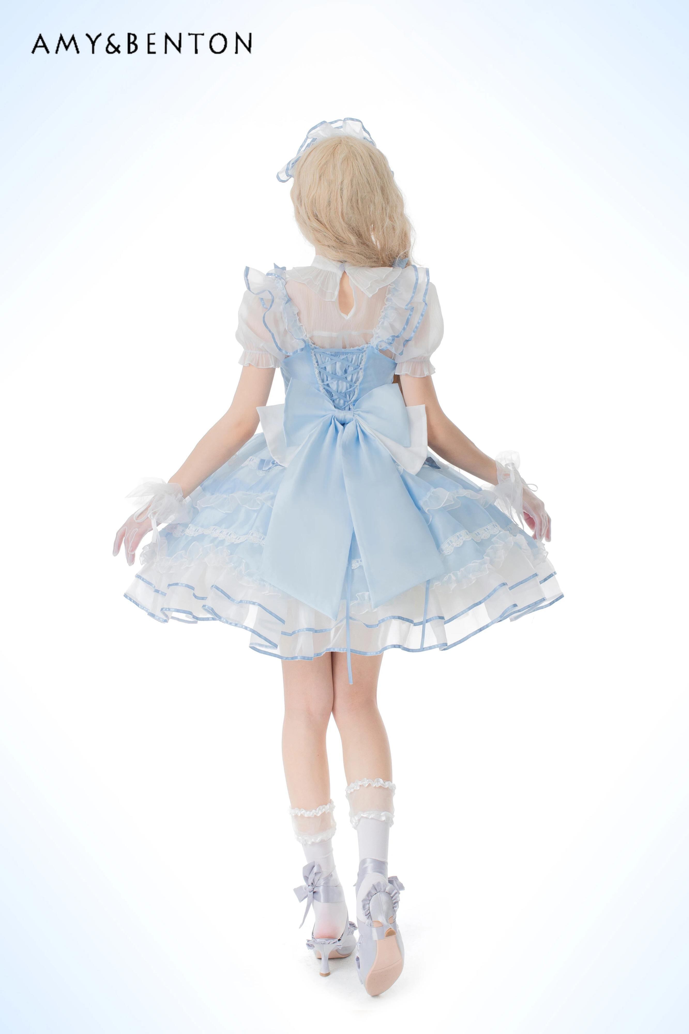 ロリータバレエドレスの女性の夏甘いかわいいリボンパフスリーブスリム