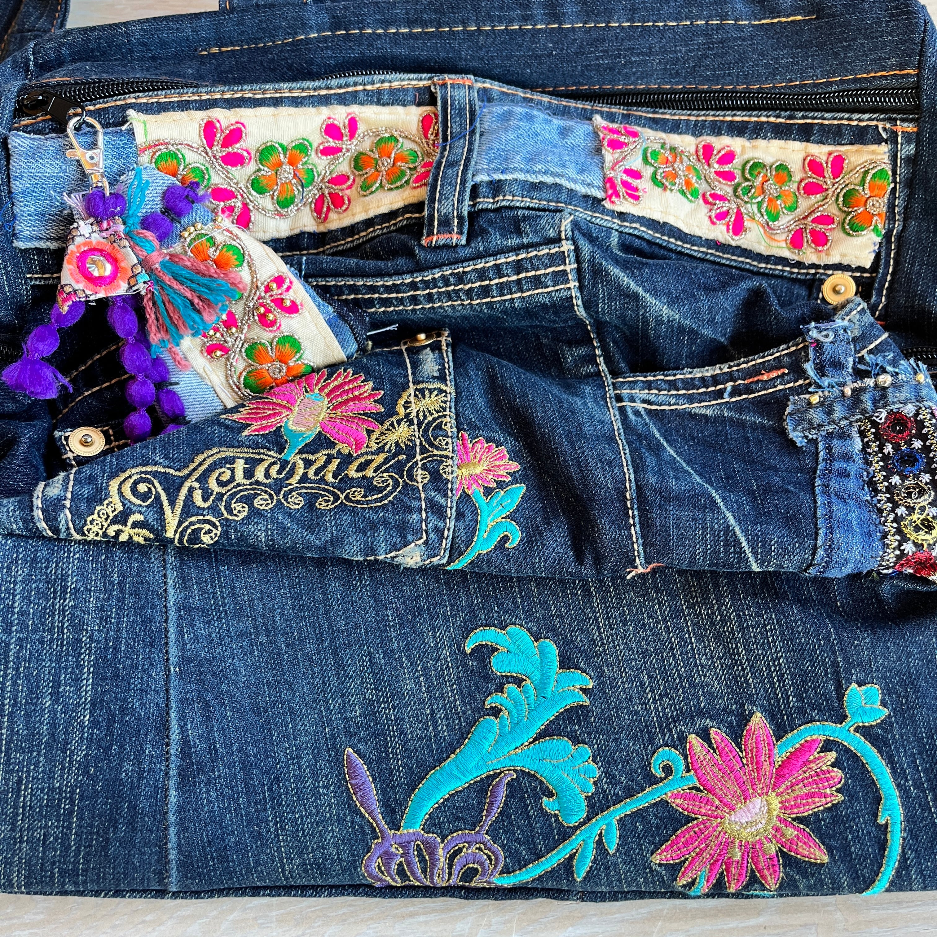 デニムリメイク☆サイドポケットラウンドトートバッグ☆ショルダー  