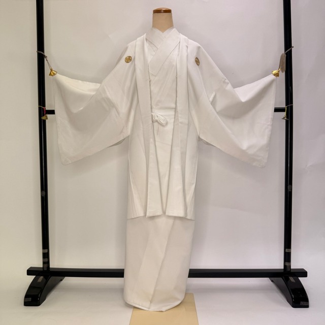 男紋付 男着物 紋付 ポリエステル 羽織 長着 裄73cm 2L size 白 五つ紋 中古 成人式 舞台衣装  6365