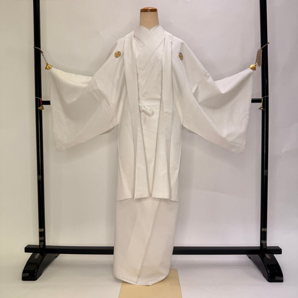 男紋付 男着物 紋付 ポリエステル 羽織 長着 裄73cm 2L size 白 五つ紋 中古 成人式 舞台衣装 6365