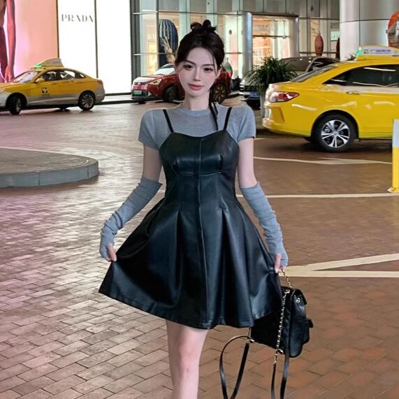 【set】ニットトップス×PUキャミワンピースセット M27925