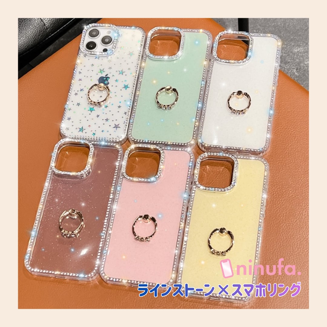 【iPhone17-13対応】ラインストーン華やぐケース◎スマホリング付き 選べる6色 かわいい キラキラ グリッター 韓国 スマホケース ND-16363