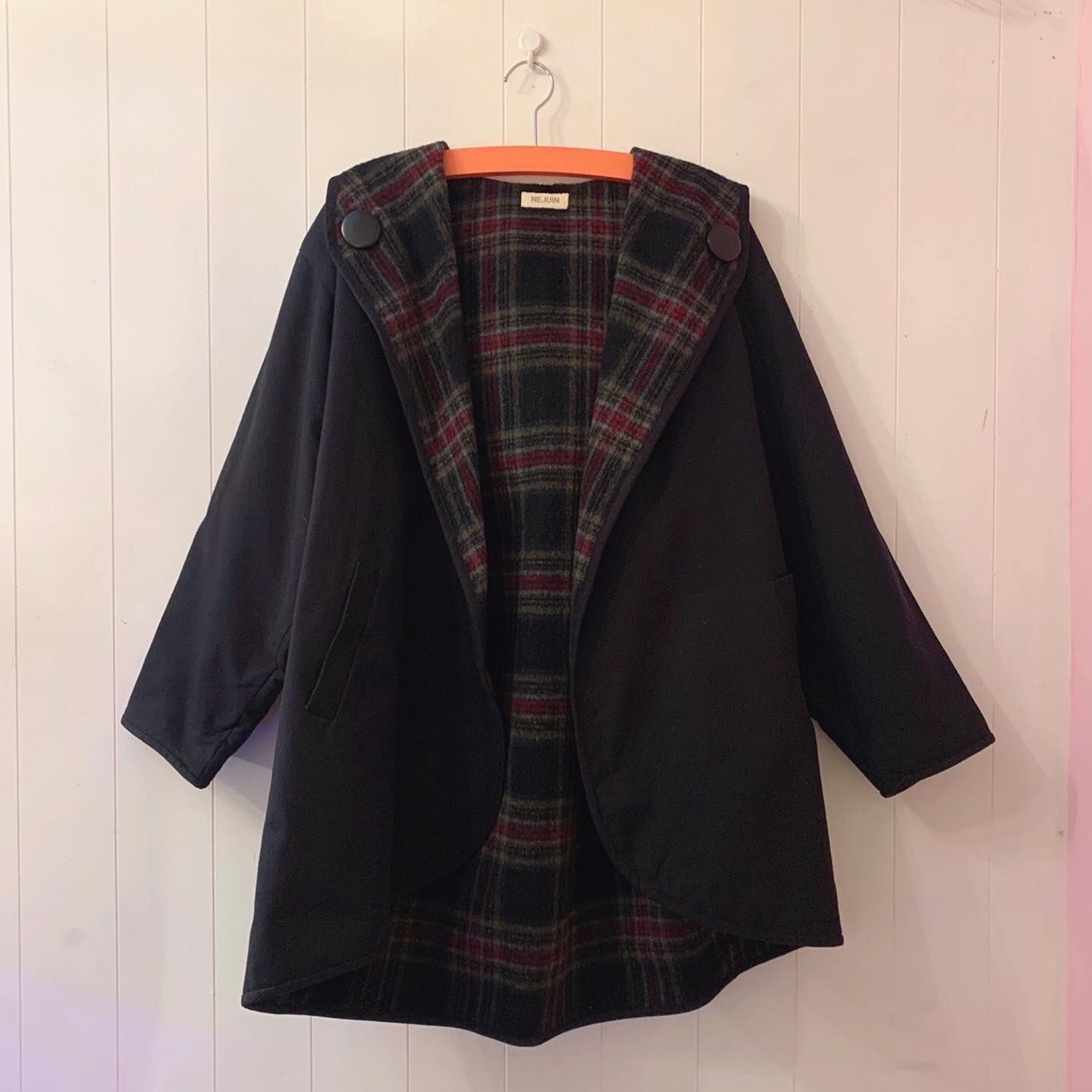 big button check hooded coat