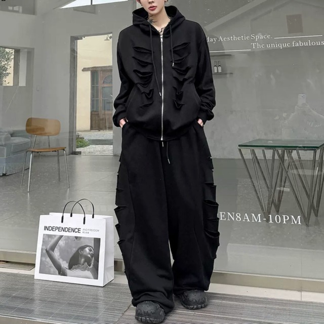 ブラックダメージジップアップフーディセットアップパンツ（ruf_03197）
