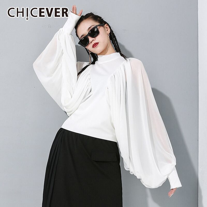 CHICEVERシフォンTシャツスタンドカラーランタンスリーブ特大スリムシャーリングシャツレディース服2020 6base581198215371