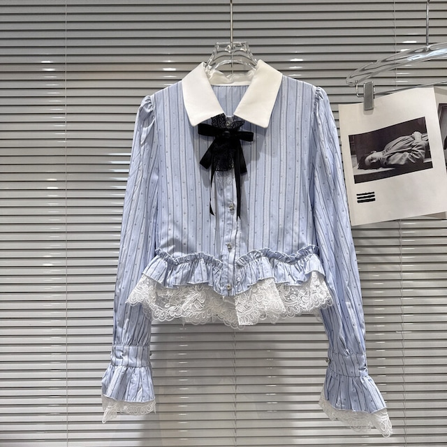 Lace hem stripe blouse　M1421
