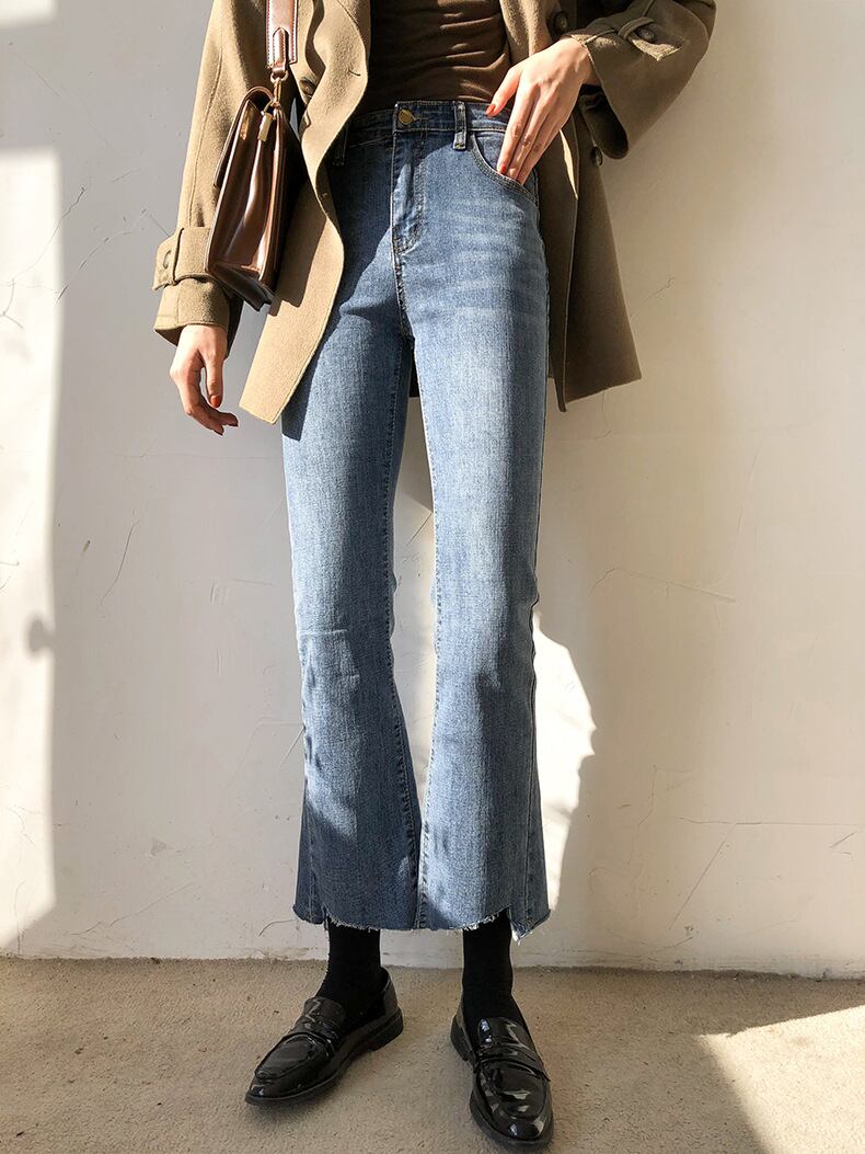 秋新作 デニムパンツ パンタロン 9分丈 ジーンズ 裾切りっぱなし レディース ボトムス 美脚