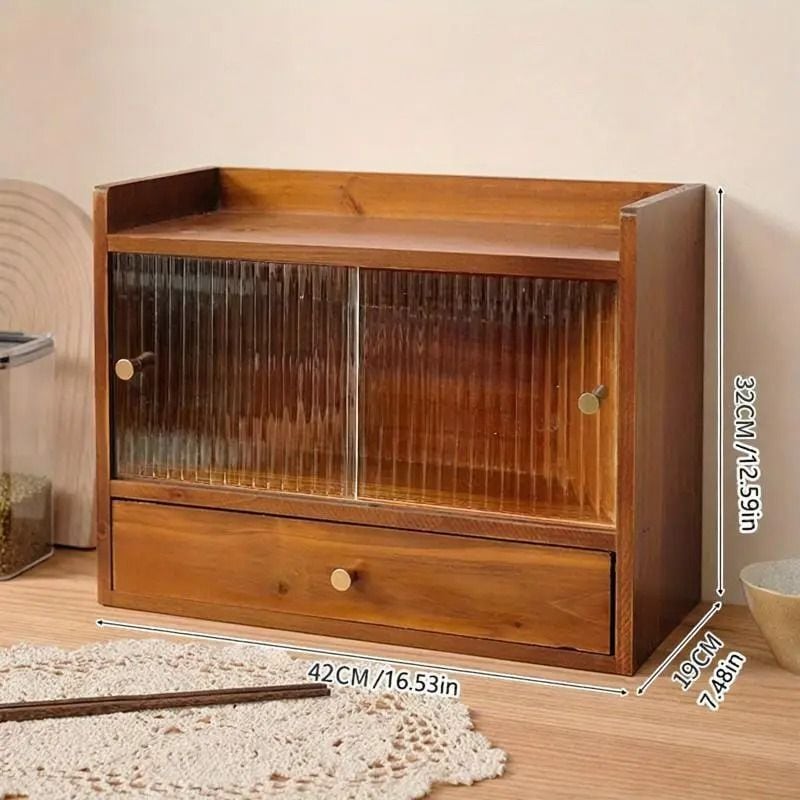 デスク収納 ミニ 食器棚 キャビネット 木製 ガラス扉 引き出し 卓上