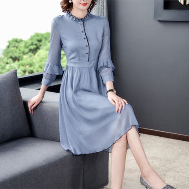 ワンピース レディース 送料無料 フレアワンピース シャツワンピース フレアワンピーフリル襟 七分袖 ハイネック  スタンドカラー ミモレ丈 刺繍 花柄 リラックス おしゃれ ロマンチック ガーリー キュート かわいい こなれ感 スタイル 小顔見せ 着痩せ 体形カバー インスタ トレンド きれいめ エレガント ギャザー シャーリング フレア  大人かわいい 上品 ブラック アイボリー キャメル リゾート 旅行 シフォン ドール  お人形 ふんわり パフスリーブ  デート お出かけ カジュアルドレス