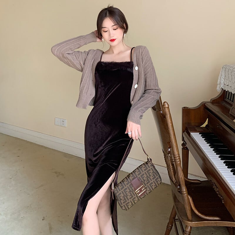 オータムウィンタースタンダードベルベットドレス ルーズセーター カーディガン ロング レトロ 秋物 冬物 ガールズファッション44852397330