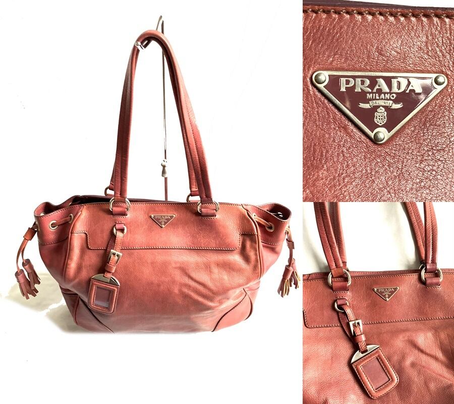 PRADA プラダ ロゴ プレート レザー トート ショルダー バッグ ピンク