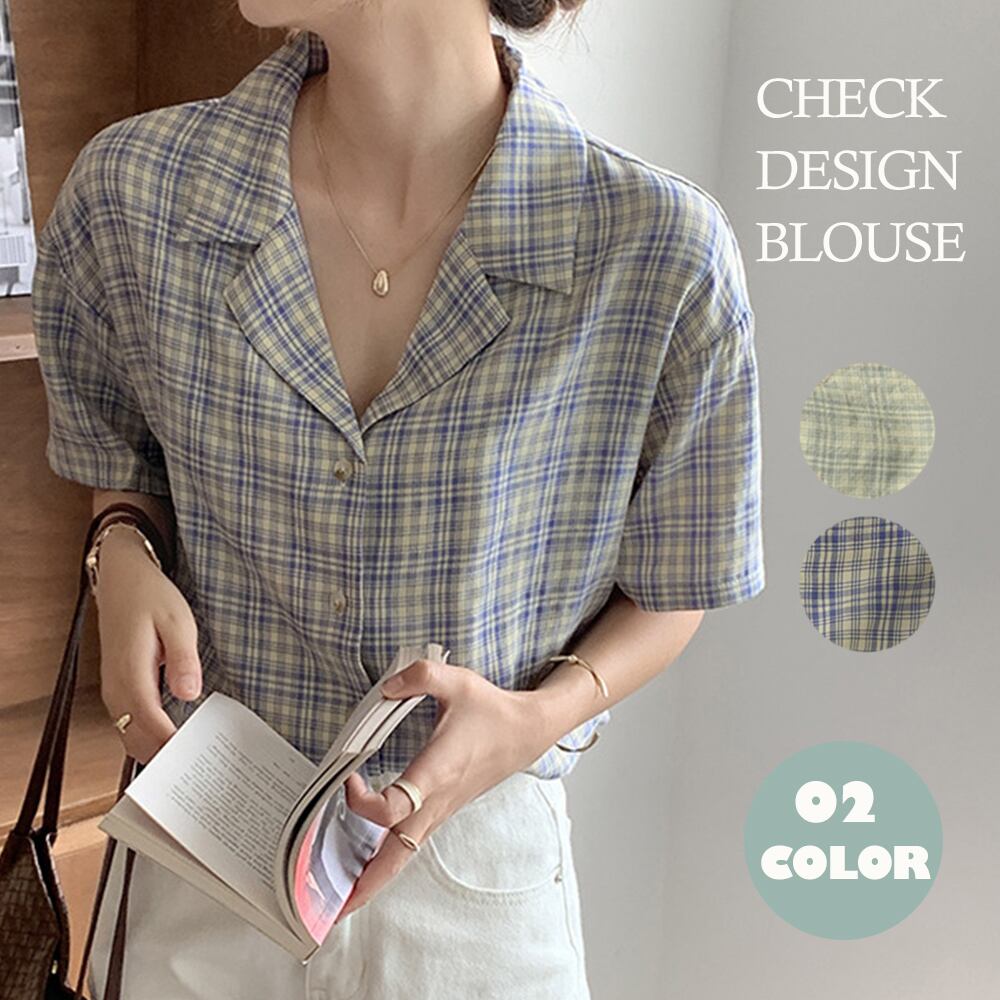 バイカラーチェック柄シャツブラウス折り襟