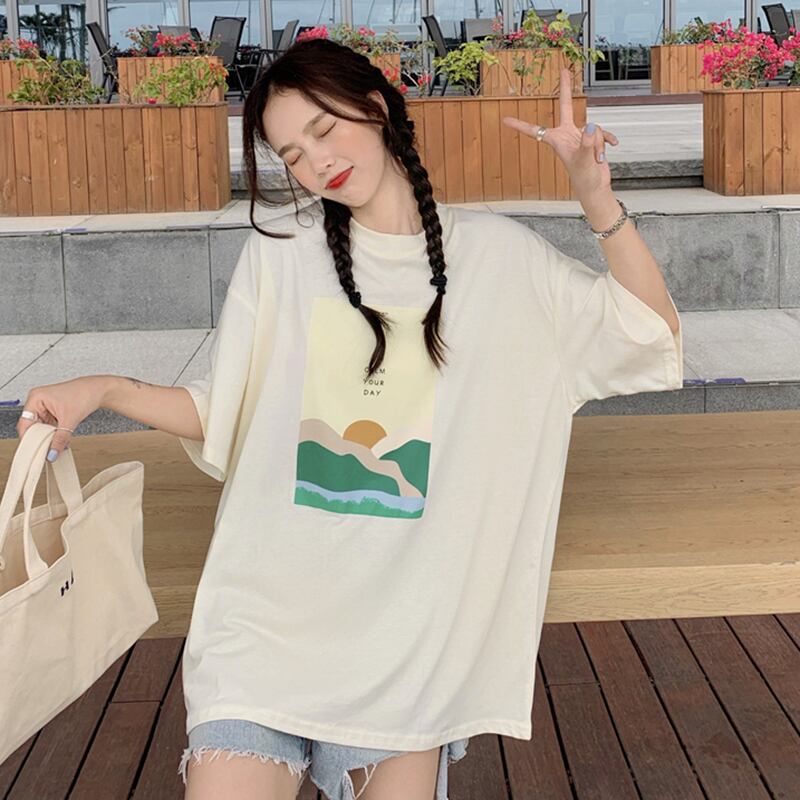 ラウンドネックTシャツ サマールーズプリント 夏物 Oネック YY-ファッション58217745820