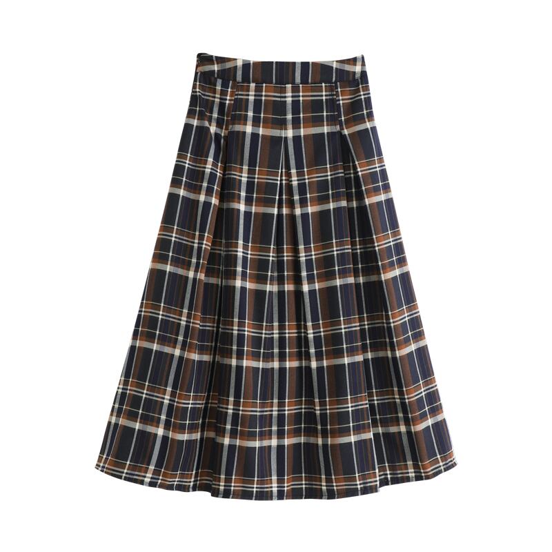 秋 冬 レディース プリーツスカート チェック柄 ミドル丈 ハイウエスト