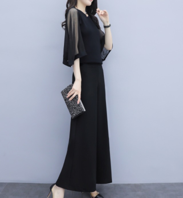 パンツドレス セットアップ 大きいサイズ かっこいい ドレス 結婚式 パーティドレス パンツ お呼ばれドレス お呼ばれ パーティ 二次会 ロングドレス フォーマルドレス 黒 袖あり フォーマル Leaflower 001 リーフラワー レディースファッション専門店