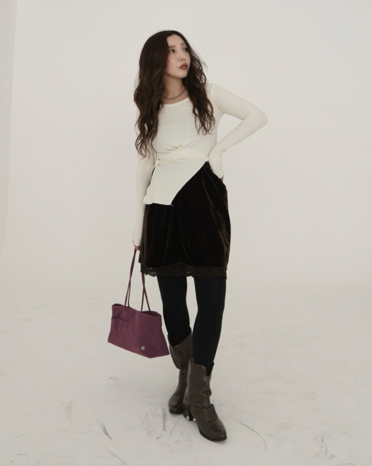 Ribbed Button Detail Long Sleeve Top ／White